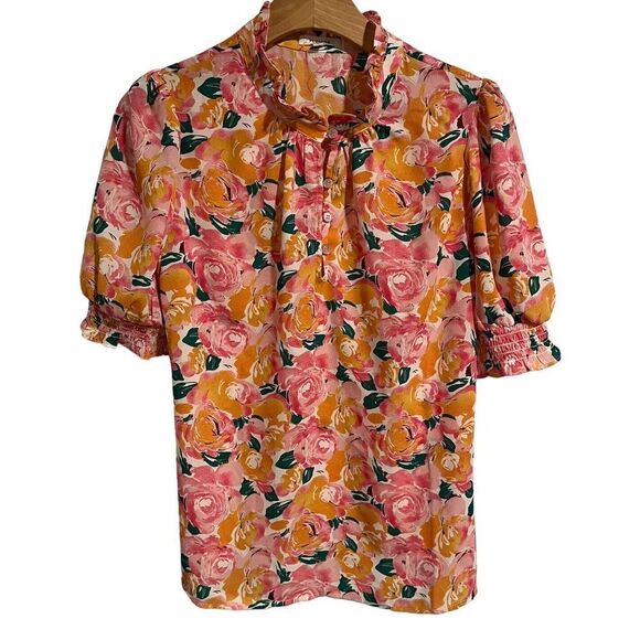 Pleione Blouse Small Half Sleeve Floral Sheer Multicolor Quarter Button Top NEW - Picture 1 of 8